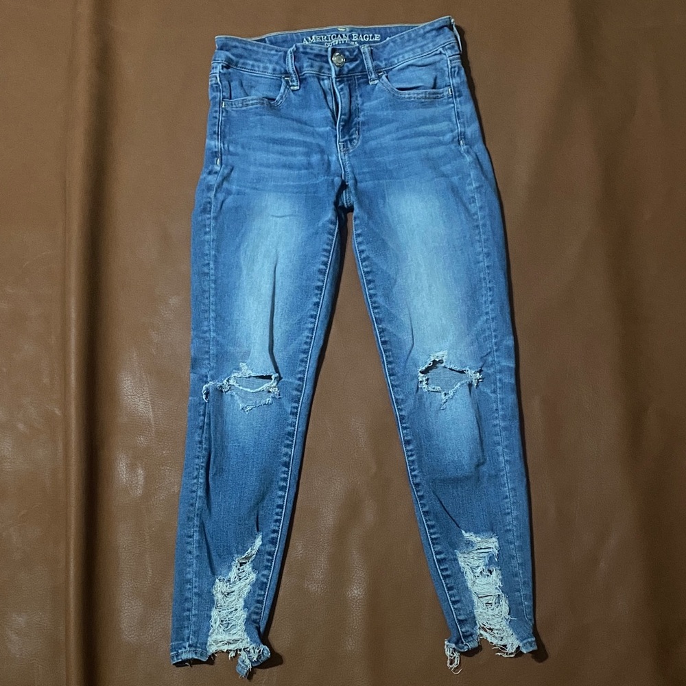 American Eagle Outfitters Women's Ripped Blue Cropped Jegging Skinny Jeans